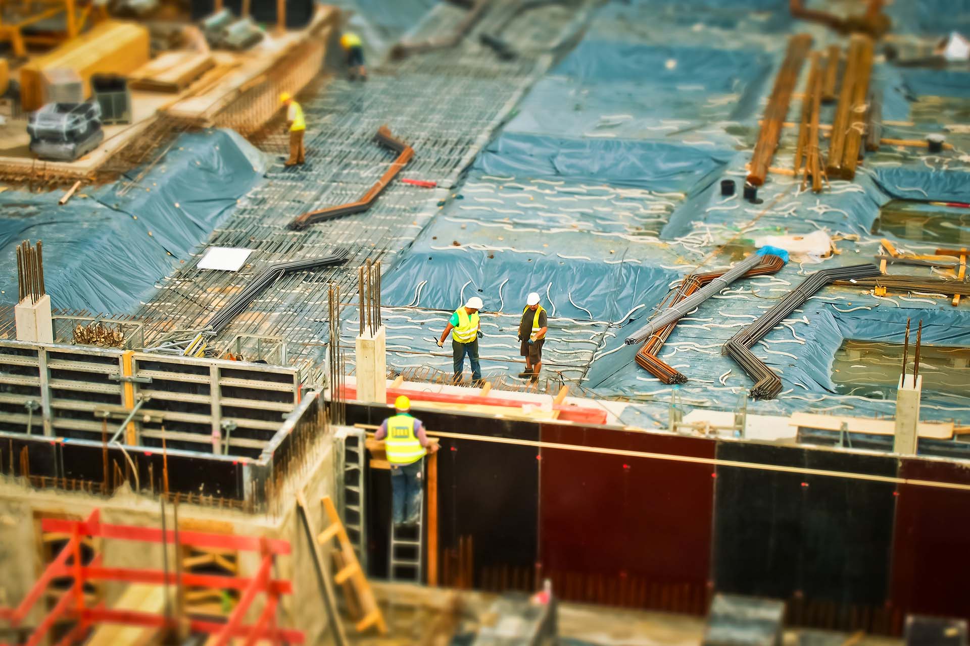 Construction site with workers in safety gear